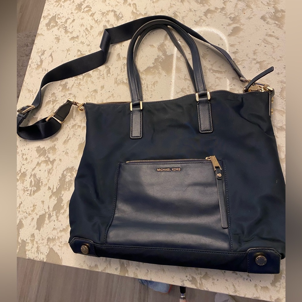 Michael Kors Navy Blue canvas and leather tote bag purse